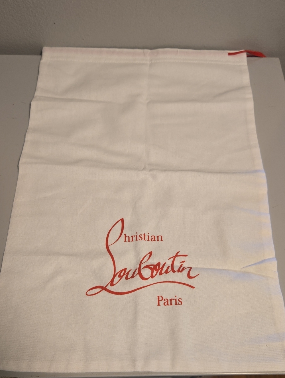 Christian Louboutin White Cotton Dust Bag with Red Logo and Drawstring
